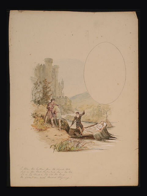 So those two brethren from the chariot took And on the black decks laid her in her bed, Set in her hand a lily, o’er her hung The silken case with braided blazonings, (Tennyson, Idylls of the King)