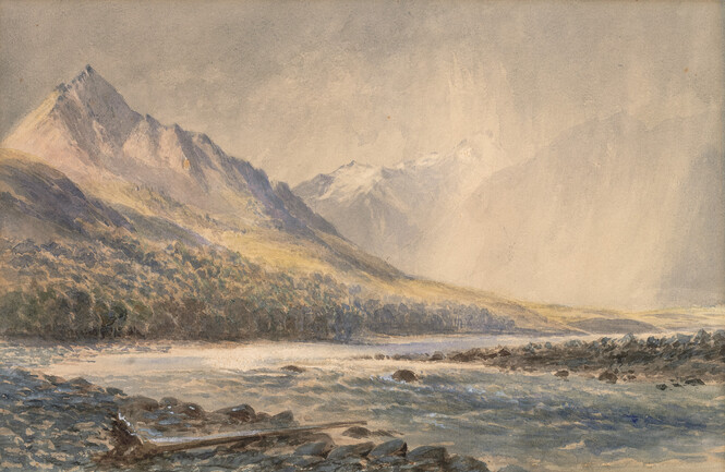 Thomas Cousins On the Wilberforce River near Bonds Station 1889. Watercolour. Collection of Christchurch Art Gallery Te Puna o Waiwhetū, gift of Dawn and William F. Jamieson, 2007