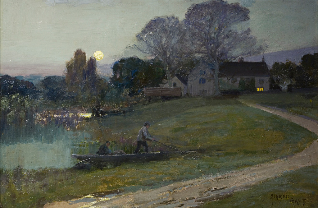 A moonlit landscape by Sir Alfred East