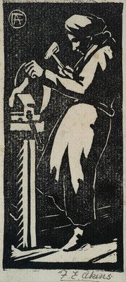 Florence Akins The Metalworker (1932) Linocut. Collection Christchurch Art Gallery Te Puna o Waiwhetū, gifted by the artist, 1997. 