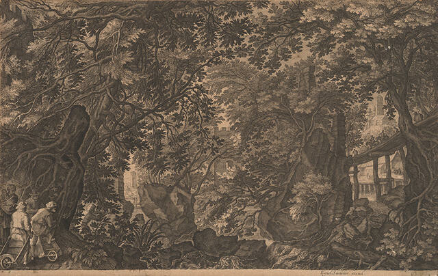 Wooded landscape with figures