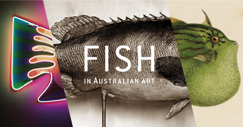 L to R: Neon Fish, 2010, Deborah Halpern; Elthel King colouring a mounted specimen of a Queensland Groper, 1926, Australian Museum archives; Southern Pigmy Leatherjacket, 1801-1803, Ferdinand Bauer, Natural History Museum, London.