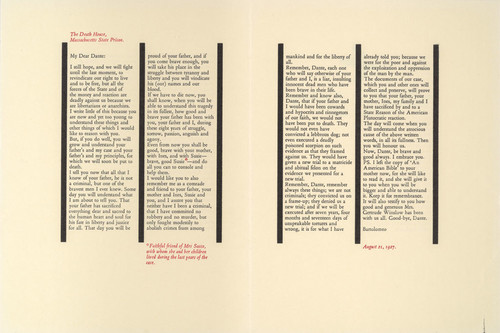 A letter from Bartolomeo Vanzetti to his friend's son Dante Sacco from the Death House, Massachusetts State Prison: 7/4/17 - seven years, four months, seventeen days, designed and printed by Max Hailstone and Leo Bensmann, Huntsbury Press, 1975. Collection Christchurch Art Gallery Library, presented by the Bensemann Family. 