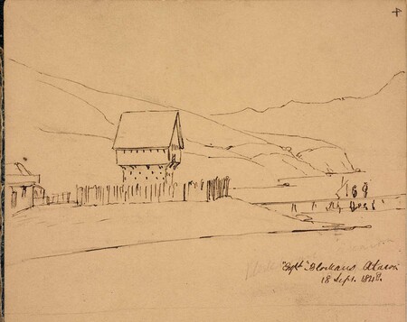 Walter Mantell Sketch of the Akaroa Blockhouse 1848. Ink on paper. Alexander Turnbull Library, E-333-004-1