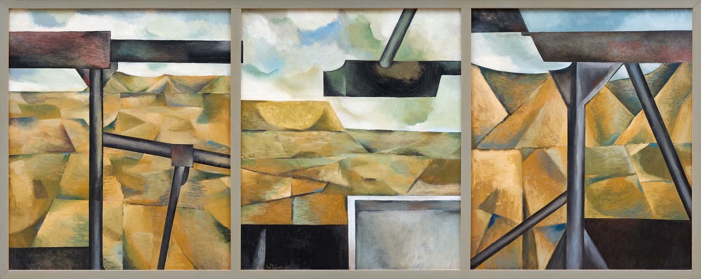 Colin McCahon On building bridges (triptych) 1952. Oil on hardboard panels. Auckland Art Gallery Toi o Tāmaki, purchased 1958