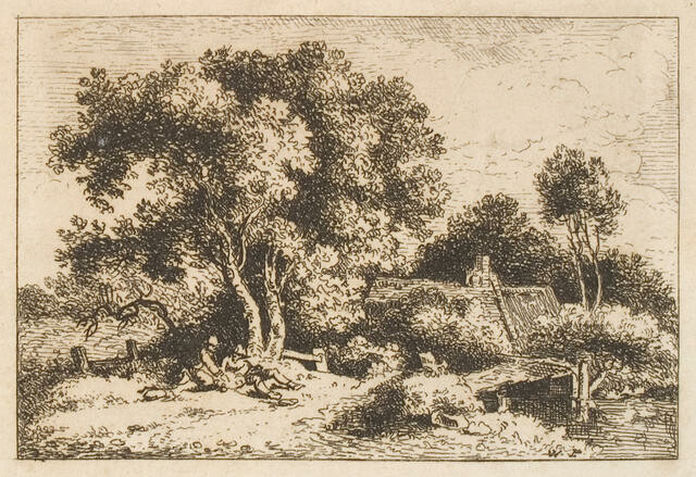 Figures Reclining Beneath Trees Near Bridge And Cottage