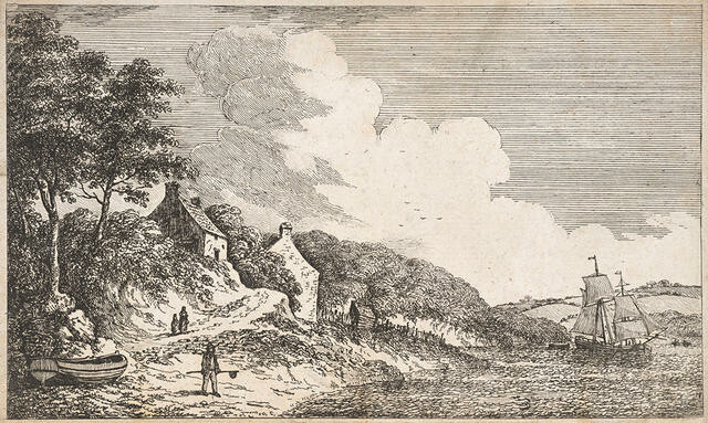 Ship In A Bay Beside Cottages And Figures (Left Hand Side)