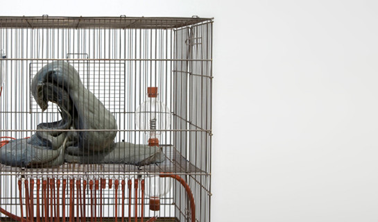 Julia Morison Some thing, for example (detail) 2011. Metal cage and stand, melted shopping bags, glass and rubber. Collection of Christchurch Art Gallery Te Puna o Waiwhetū, purchased 2011