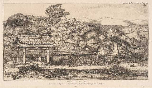 Greniers indigènes et habitations à Akaroa, Presqu'île de Banks, 1845