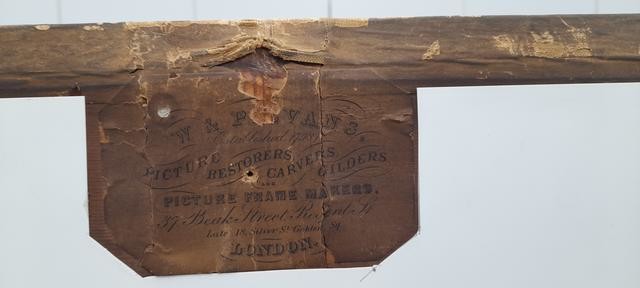 This label is on the back of the painting and shows that the the firm of Wiliam and Philip Evans created or worked on the frame, or worked on the painting itself. They occupied premises in Beak Street only between 1884 and 1907 so whatever work they undertook was done in that period.