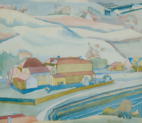Rita Angus The Duvauchelle pub and hills. Watercolour. Lawrence Baigent / Robert Erwin bequest, 2003. Reproduced courtesy of the Rita Angus estate    