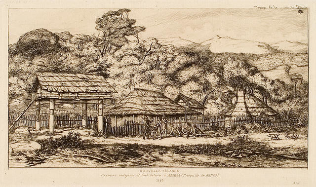 Nouvelle Zélande, Greniers indigènes et Habitations à Akaroa  (Presqu’île de Banks, 1845