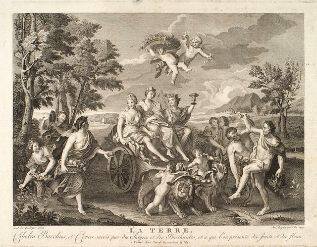 La Terre. Cibeles Bacchus et Ceres suivis par des Satyres et des Bacchantes, et à qui l’on presente des fruits et des fleurs