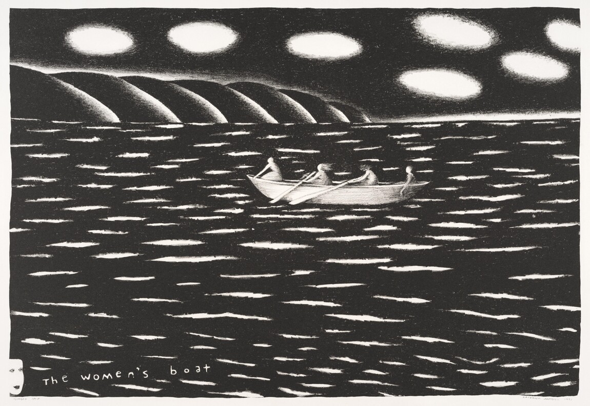 Kathryn Madill The Women’s Boat 1991. Lithograph. Collection of Christchurch Art Gallery Te Puna o Waiwhetū, gift of Jule Einhorn, 2024Stone,