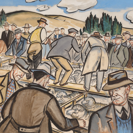 Juliet Peter Sheep Sale 1944. Watercolour. Collection of Christchurch Art Gallery Te Puna o Waiwhetū, purchased 2019