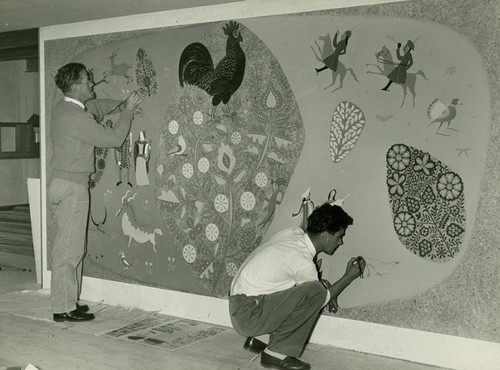 Photograph of Bill Sutton and Ted Bracey painting the Dental School mural from the W.A. Sutton Archives, Robert and Barbara Stewart Library and Archives, Christchurch Art Gallery Te Puna o Waiwhetū.
