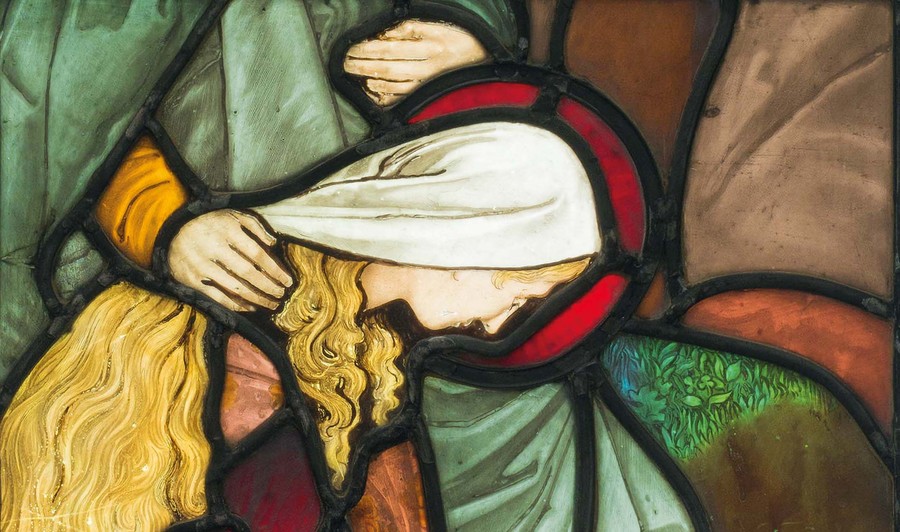 James Powell and Sons St Mary Magdalene and Mary Mother of James at the Empty Tomb (detail) c. 1877. Stained glass. Collection of Christchurch Art Gallery Te Puna o Waiwhetū, purchased 1987