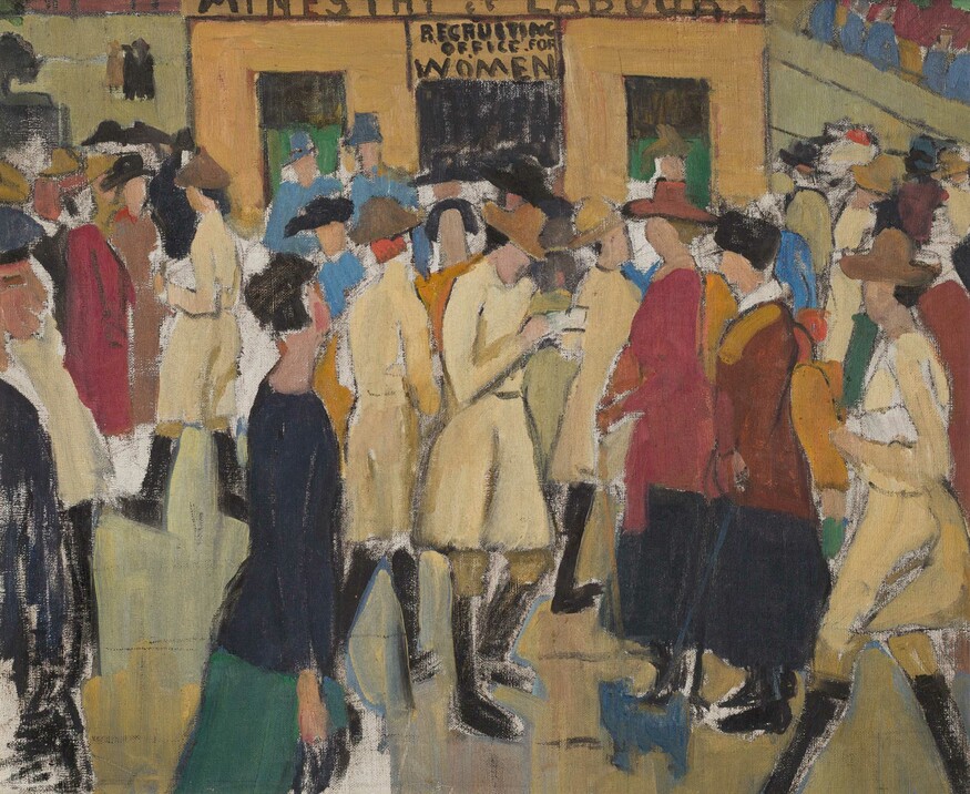 Edith Collier Ministry of Labour – Recruiting Office for Women 1917–18. Oil on canvas. Collection of the Edith Collier Trust, in the permanent care of Te Whare o Rehua Sarjeant Gallery. Conserved with the generous support of Jim Norris, 2004