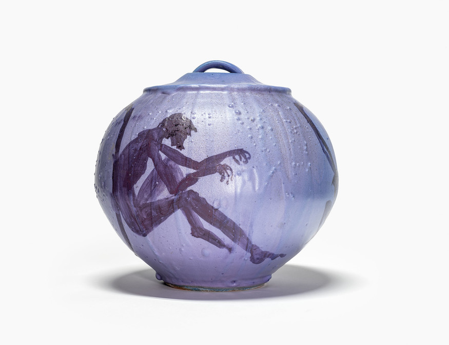 Francis Upritchard Purple Sisyphus Rests (Lidded Pot) 2021. Wood-fired ceramic, thrown by Nicholas Brandon