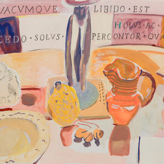 Joanna Margaret Paul Frugal Pleasures [still life with statuette and Latin text] 1999. Gouache and pencil on paper. Collection of David and Keren Skegg, Dunedin, on deposit at Hocken Collections, Uare Taoka o Hākena, University of Otago, L2011/43. Courtesy of the Joanna Margaret Paul Estate