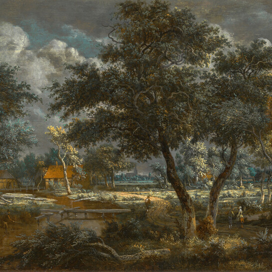 Meindert Hobbema A Wooded Landscape with Peasants on a Path and an Angler at a Stream c. 1662. Oil on panel. Collection of Christchurch Art Gallery Te Puna o Waiwhetū, Kathleen Stuart Hutton Bequest Fund, 1994