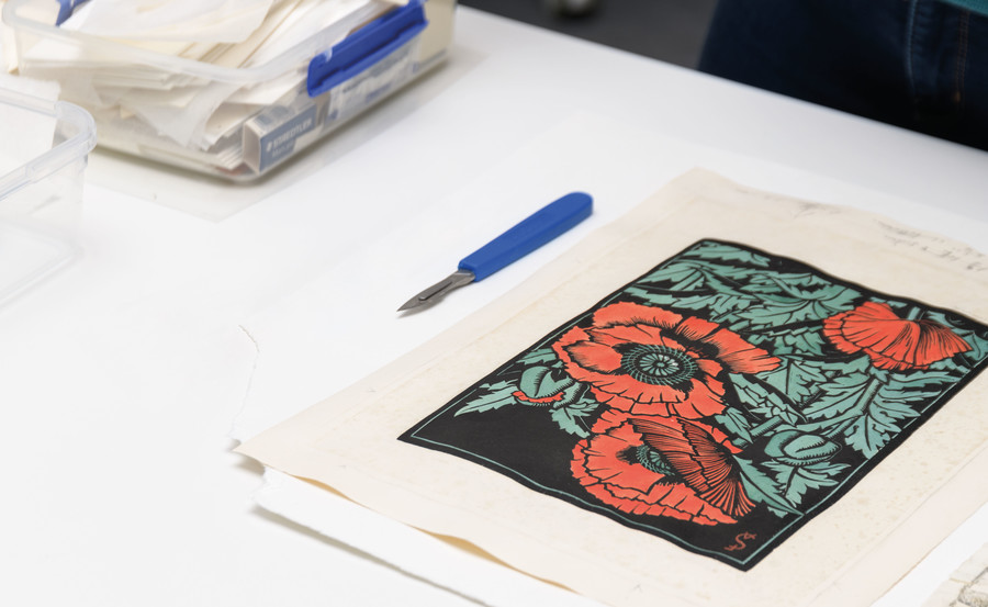 Francis A. Shurrock Poppies c. 1929. Linocut and watercolour. Collection of Christchurch Art Gallery Te Puna o Waiwhetū, purchased 2021