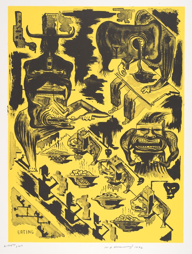 Bill Hammond Eating, Smoking, Drinking 1992. Lithograph. Collection of Christchurch Art Gallery Te Puna o Waiwhetū, gift of Jule Einhorn, 2024