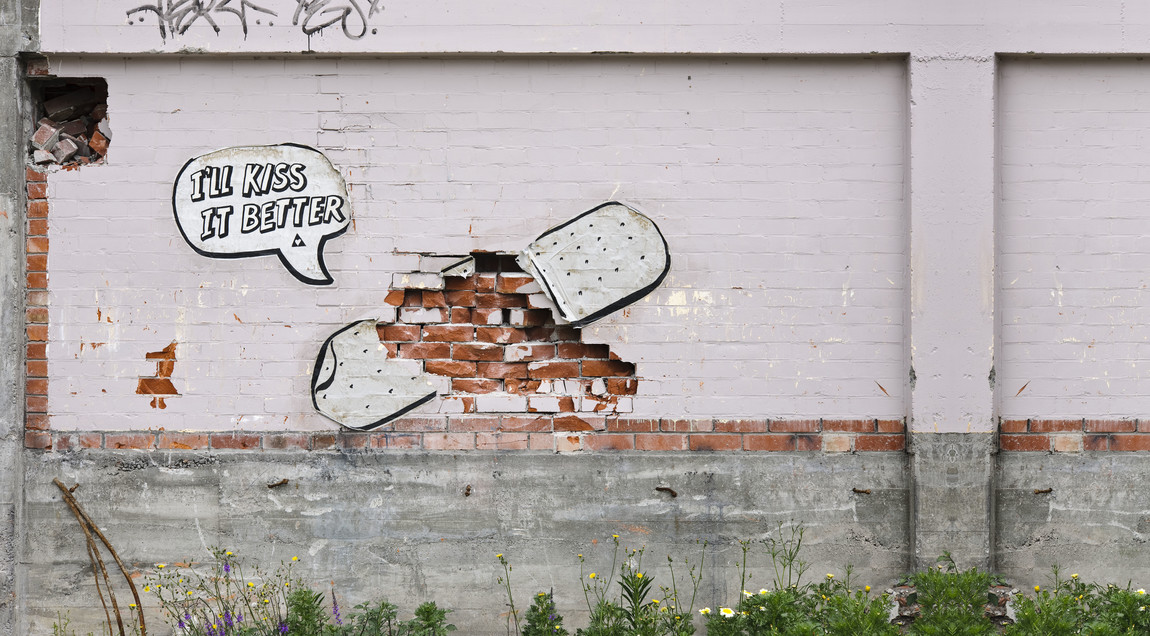 The futility of the paper Band-Aids was revealed when brick work crumbled from underneath this version on Manchester Street. Photo: John Collie