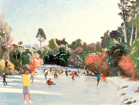 Austen Deans Skating after snow Peel Forest. Oil on board. Collection of Christchurch Art Gallery Te Puna o Waiwhetū. Reproduced with permission