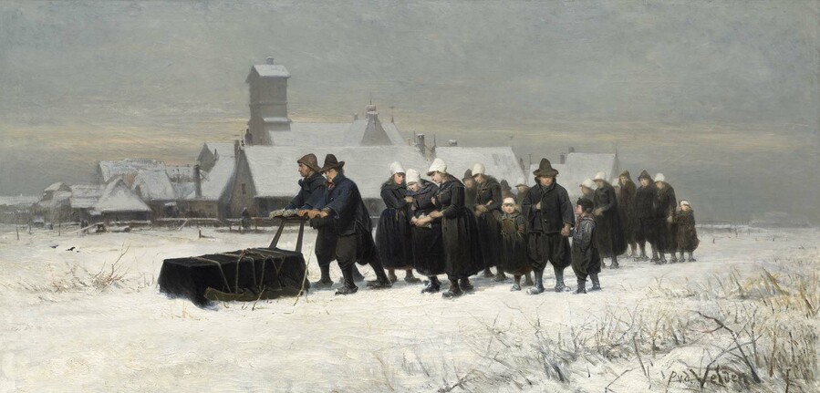 Petrus van der Velden Burial in the winter on the island of Marken [The Dutch Funeral] 1872. Oil on canvas. Collection of Christchurch Art Gallery Te Puna o Waiwhetū, gift of Henry Charles Drury van Asch, 1932