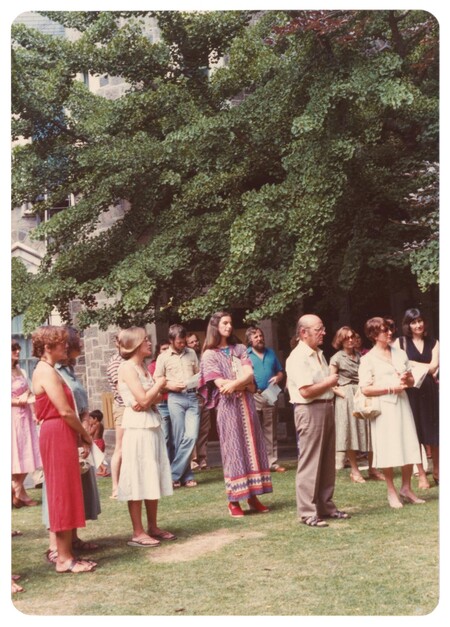 Jule Einhorn (centre) at the opening of the Gingko Print Workshop and Gallery under the gingko tree, Christchurch Arts Centre, 20 December 1980. Gingko Print Workshop and Gallery Archives, Robert and Barbara Stewart Library and Archives, Christchurch Art Gallery Te Puna o Waiwhetū
