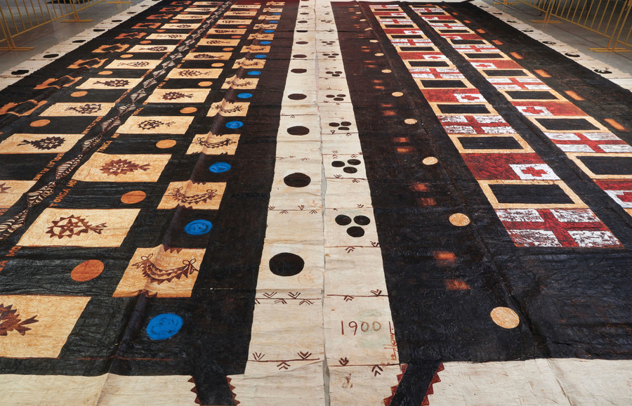 Kulimoe'anga Stone Maka Toga mo Bolata'ane (Tonga and Britain) and Kuini Haati 2 (Two Queen Heart) (detail) 2008–10. Oil, clay, dye on tapa cloth. Installation view, 22nd Biennale of Sydney (2020): NIRIN, Museum of Contemporary Art Australia, Sydney. Courtesy the artist and Museum of Contemporary Art Australia. Photo: Zan Wimberley