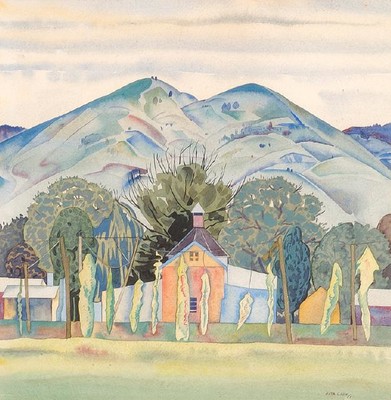 Rita Angus, New Zealand, 1908-1970. Untitled (Hop Kilns, Motueka) 1941, watercolour. Collection Christchurch Art Gallery Te Puna o Waiwhetū, Harry Courtney Archer estate, 2002.