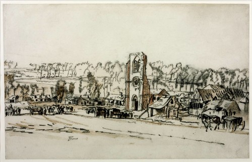 Sir Muirhead Bone, Scottish, (1876-1953) A Ruined Village in France: Bécordel-Bécourt (1916) Charcoal and watercolour on paper. Collection of the Tate Gallery, presented by the artist, 1919