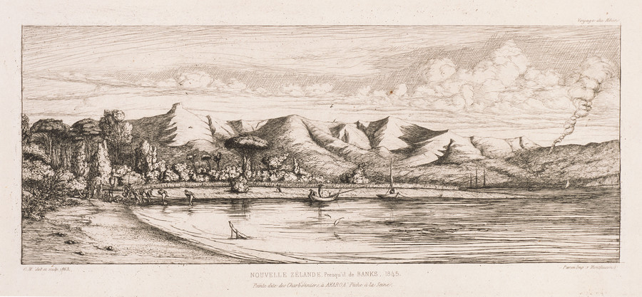 Charles Meryon Nouvelle Zélande, Presqu’île de Banks, 1845... Pointe dite des Charbonniers, à Akaroa, Pêche à la Seine 1863. Engraving. Collection of Christchurch Art Gallery Te Puna o Waiwhetū, purchased 1972