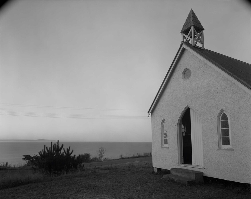 Mark Adams Matiaha Tiramorehu. Kotahitanga Church. Moeraki. North Otago. 1991. Digital scan from 10×8 inch Kodak Tmax 400 film negative