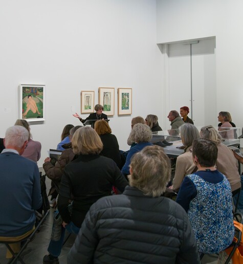 Gallery guide Susan Bidwell presenting an Art Bite in the exhibition Edith Collier: Early New Zealand Modernist, Christchurch Art Gallery Te Puna o Waiwhetū, 2026. Exhibition developed and toured by Te Whare o Rehua Sarjeant Gallery