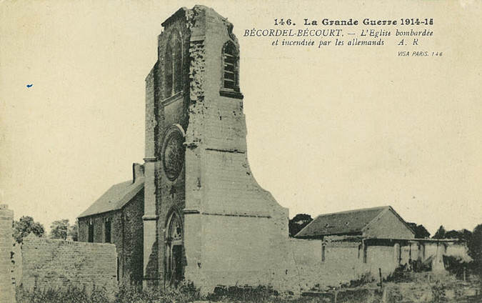 A French postcard showing the same church. This card was produced some time between the end of the war in 1918 and the reconstruction of the church in the mid-1920s.