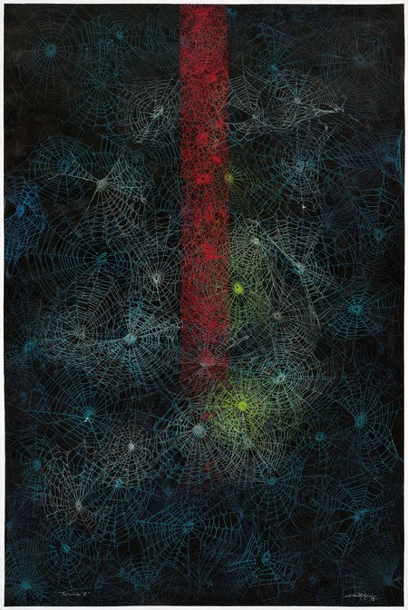 Kulimoe'anga Stone Maka Topukie II 2021. Smoke, enamel, spiderwebs on canvas. Collection of Christchurch Art Gallery Te Puna o Waiwhetū, Karen Stevenson Collection, presented 2022