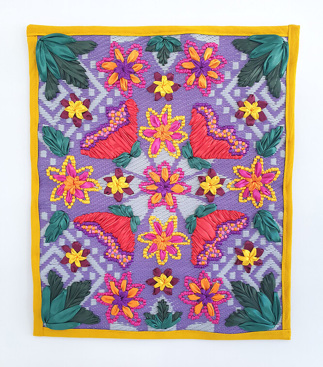 Serene Hodgman Va’ai Lau Fuala’au/See My Pretty Flower 2022. Trim, silk ribbon, commercial woven plastic mat. Courtesy of the artist and Masterworks Gallery