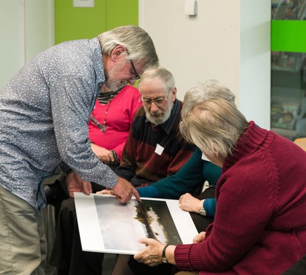 Christchurch Art Gallery guide Rod McKay introduces an artwork from the Gallery's collection to attendees at an Artzheimers session. Alzheimers Canterbury and Christchurch Art Gallery hold monthly art-appreciation groups for people with brain-degenerative diseases at the Christchurch South Library. 