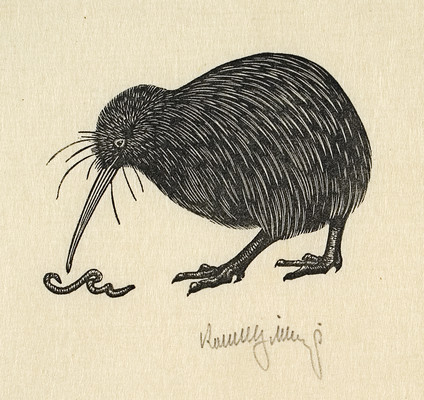 Robert Gibbings, Untitled (Kiwi with worm) c.1947, wood-engraving. Collection Christchurch Art Gallery Te Puna o Waiwhetū, Gifted by Rosalie Archer, 1975.