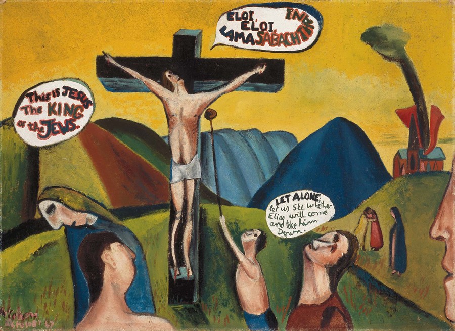 Colin McCahon Crucifixion according to St Mark 1947. Oil on canvas on board. Collection of Christchurch Art Gallery Te Puna o Waiwhetū, presented by Colin McCahon on the death of Ron O'Reilly, 1982