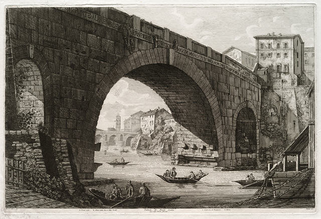 Veduta del Ponte Cestio dal volgo Ponte ferrato
