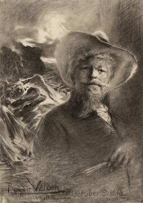 Petrus van der Velden Self-portrait with Otira background Charcoal. Collection of Christchurch Art Gallery Te Puna o Waiwhetū, bequeathed by Miss D C Bates 1983