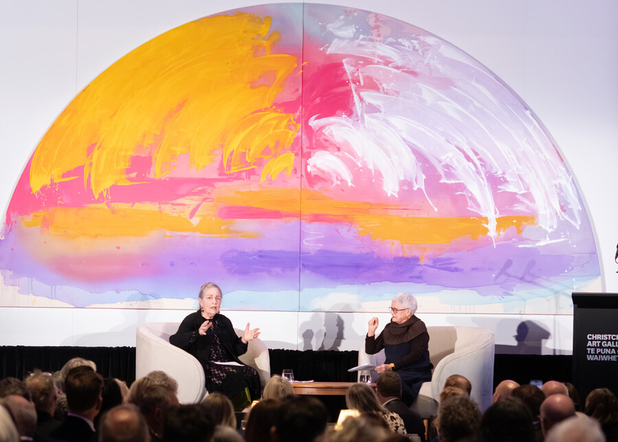 Gretchen Albrecht and Mary Kisler in front of Sunset After Turner at the Foundation’s gala dinner in August 2026