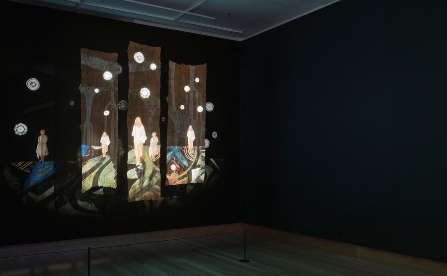 Sue Pearson and Pauline Reynolds Hina’s Granddaughters (still) 2022. Moving image on ’Ahufara tapa, sound and poetry. Courtesy of the artists