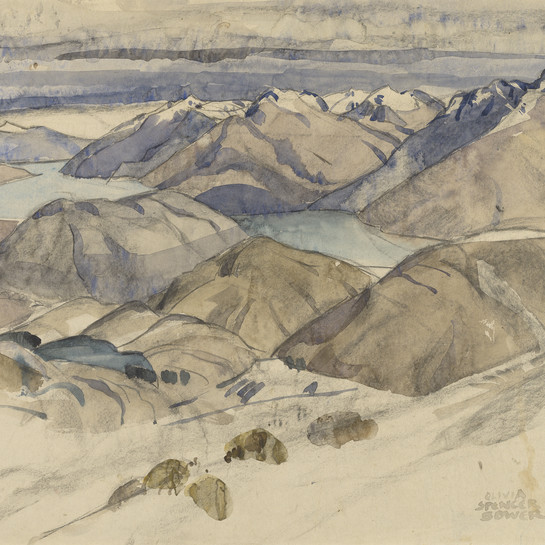 Olivia Spencer Bower Queenstown and the Lake from the Snowfields date unknown. Watercolour and pencil. Collection of Christchurch Art Gallery Te Puna o Waiwhetū, purchased 1976 