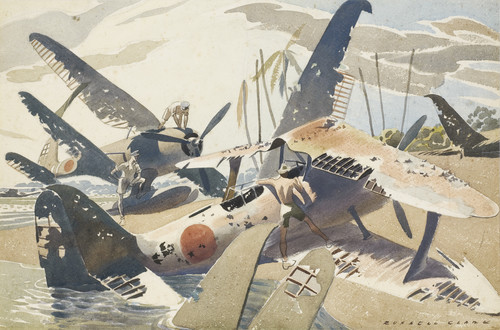 Russell Clark, New Zealand, 1905-1966. Japanese Planes, Rekata Bay, Santa Isabel, 1945 (1945) watercolour. Collection Christchurch Art Gallery Te Puna o Waiwhetū. N Barrett Bequest Collection. Purchased 2010. 