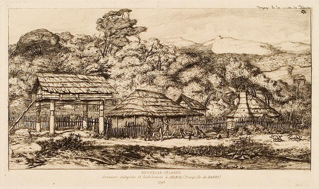 Nouvelle Zélande, Greniers indigènes et Habitations à Akaroa (Presqu’île de Banks, 1845